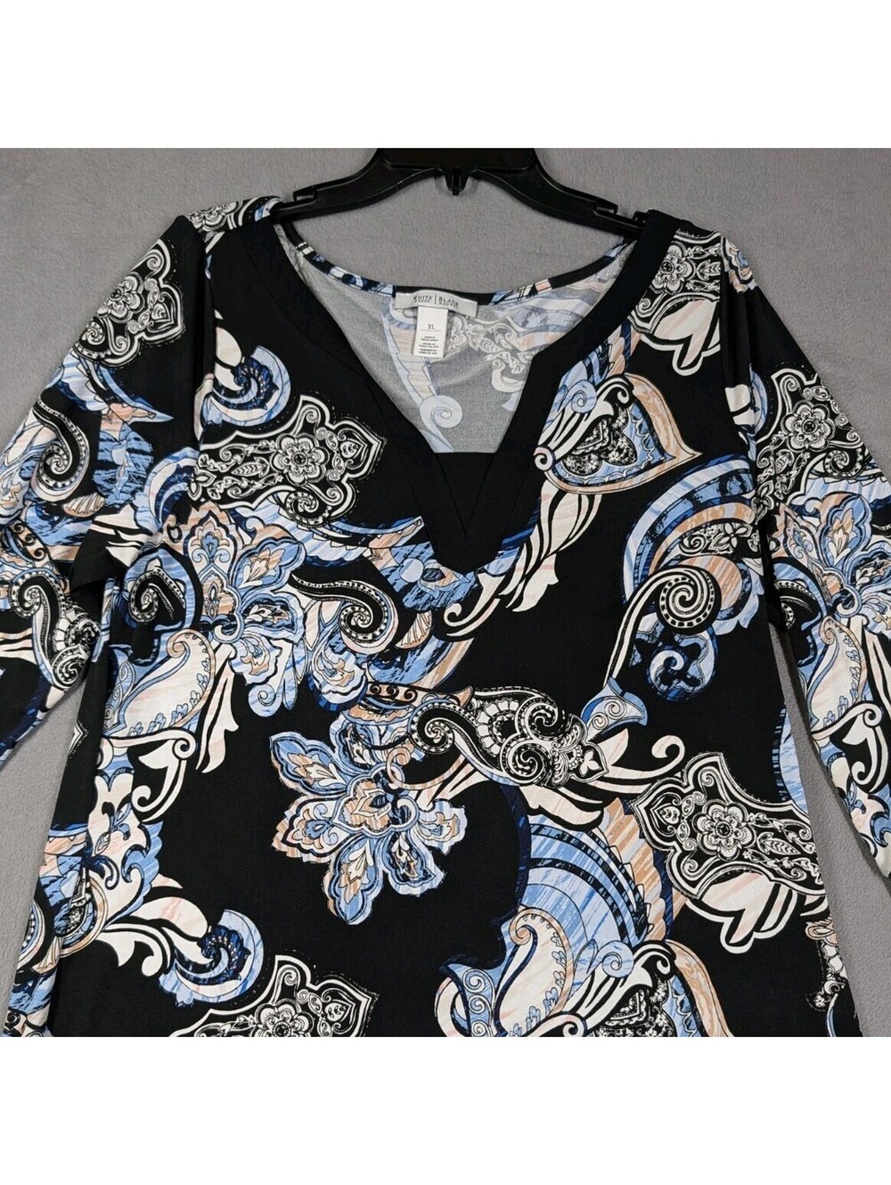 White House Black Market Womens XL Black Blue Paisley Tunic Dress V Neck Stretch